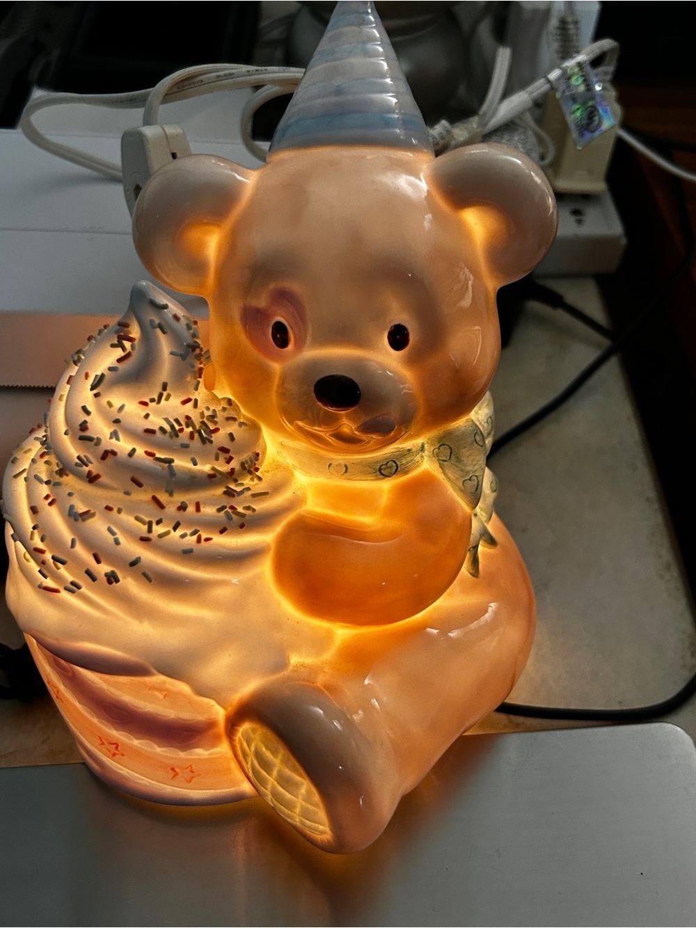 1997 ENESCO  Bear with Party Hat and Frosted Cupcake Lamp